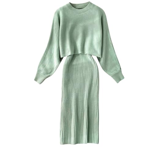 hjinlinw Rippenstrick Kleid Damen,Bodycon 2 Teiliges Sweater Strickkleid Minikleid,Strickkleid Zweiteiliger Anzug Pullover,Winterkleid Elegant Hohe Elastizität,Strickkleid Damen Herbst Lang von hjinlinw