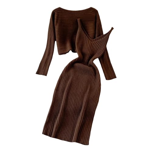 hjinlinw Rippenstrick Kleid Damen,Bodycon 2 Teiliges Sweater Strickkleid Minikleid,Strickkleid Zweiteiliger Anzug Pullover,Winterkleid Elegant Hohe Elastizität,Strickkleid Damen Herbst Lang von hjinlinw