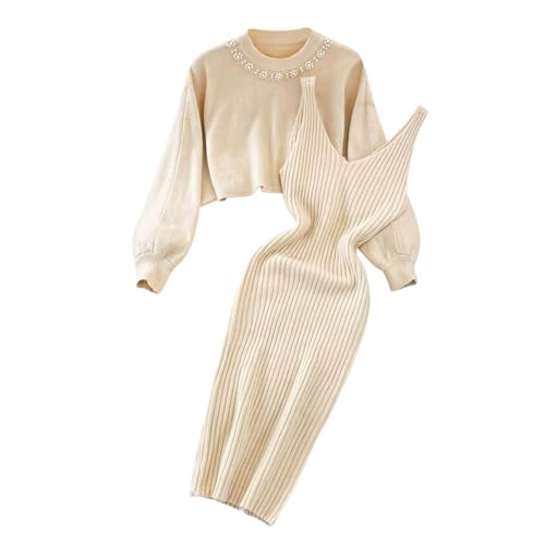 hjinlinw Rippenstrick Kleid Damen,Bodycon 2 Teiliges Sweater Strickkleid Minikleid,Strickkleid Zweiteiliger Anzug Pullover,Winterkleid Elegant Hohe Elastizität,Strickkleid Damen Herbst Lang von hjinlinw