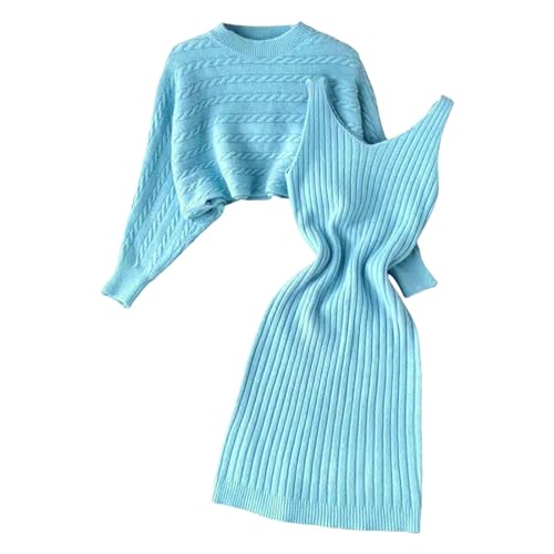 hjinlinw Rippenstrick Kleid Damen,Bodycon 2 Teiliges Sweater Strickkleid Minikleid,Strickkleid Zweiteiliger Anzug Pullover,Winterkleid Elegant Hohe Elastizität,Strickkleid Damen Herbst Lang von hjinlinw