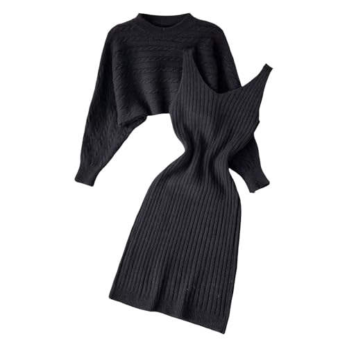 Hjinlinw Rippenstrick Kleid Damen - Bodycon 2 Teiliges Sweater Strickkleid Minikleid, Zweiteiliger Anzug Pullover, Winterkleid Elegant Hohe Elastizität, Herbst Lang von hjinlinw