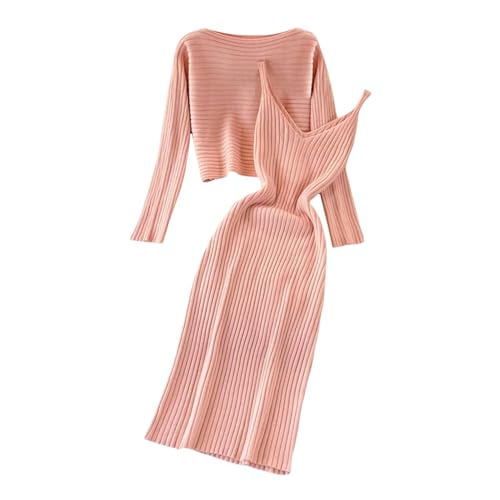 hjinlinw Rippenstrick Kleid Damen,Bodycon 2 Teiliges Sweater Strickkleid Minikleid,Strickkleid Zweiteiliger Anzug Pullover,Winterkleid Elegant Hohe Elastizität,Strickkleid Damen Herbst Lang von hjinlinw