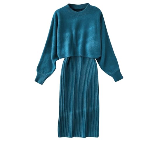 Hjinlinw Rippenstrick Kleid Damen, Bodycon 2 Teiliges Sweater Minikleid, Zweiteiliger Anzug Pullover, Winterkleid Elegant Hohe Elastizität, Strickkleid Damen Herbst Lang von hjinlinw