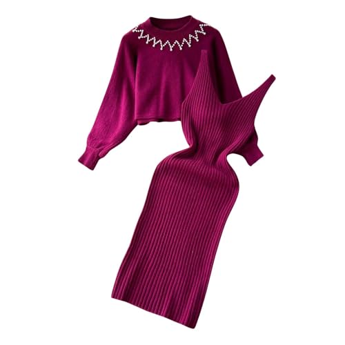 hjinlinw Rippenstrick Kleid Damen,Bodycon 2 Teiliges Sweater Strickkleid Minikleid,Strickkleid Zweiteiliger Anzug Pullover,Winterkleid Elegant Hohe Elastizität,Strickkleid Damen Herbst Lang von hjinlinw