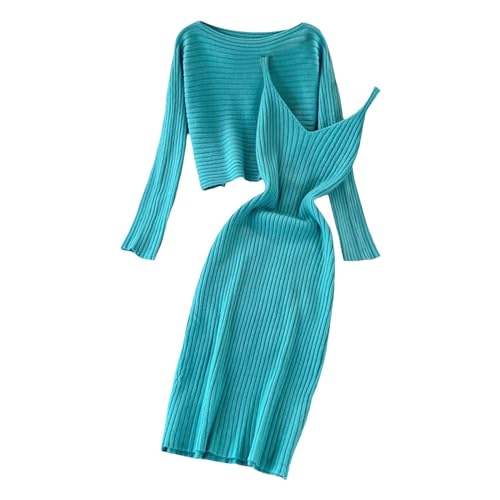 Hjinlinw Rippenstrick Kleid Damen - Bodycon 2 Teiliges Sweater Strickkleid Minikleid, Zweiteiliger Anzug Pullover, Winterkleid Elegant Hohe Elastizität, Herbst Lang von hjinlinw