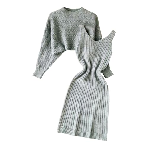 hjinlinw Rippenstrick Kleid Damen,Strickkleid Zweiteiliger Anzug Pullover,Bodycon 2 Teiliges Sweater Strickkleid Minikleid,Winterkleid Elegant Hohe Elastizität,Strickkleid Damen Herbst Lang von hjinlinw