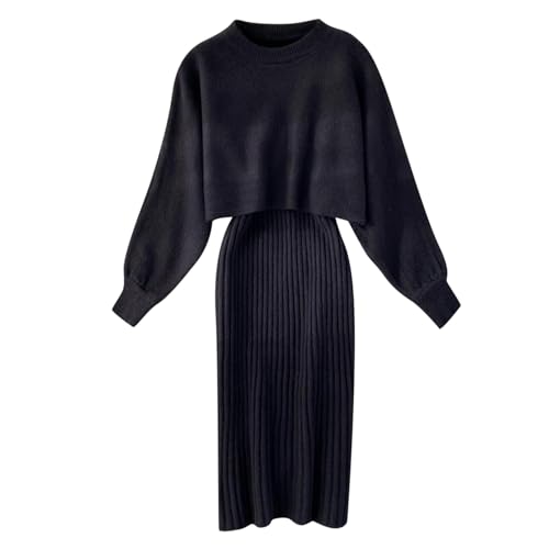 hjinlinw Rippenstrick Kleid Damen,Strickkleid Zweiteiliger Anzug Pullover,Bodycon 2 Teiliges Sweater Strickkleid Minikleid,Winterkleid Elegant Hohe Elastizität,Strickkleid Damen Herbst Lang von hjinlinw