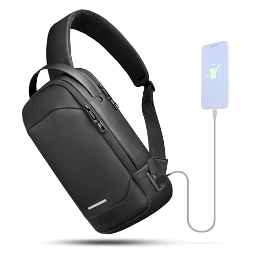 hk Schultertasche Herren Wasserdicht Umhängetasche für 11.3 Zoll iPad Brusttasche Klein mit USB-Ladeanschluss Crossbody Bag Anti-Diebstahl Sling Bag für Arbeit Freizeit Sport Reisen Schwarz von hk