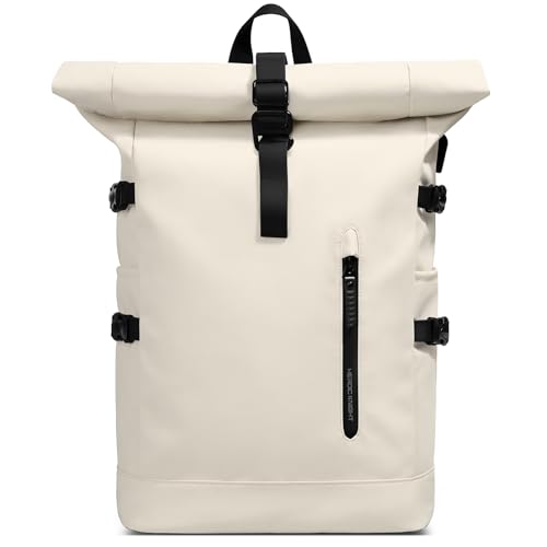 hk Rolltop Rucksack Groß 23 L Wasserdichte Laptop Rucksack Herren Damen 15,6 Zoll mit USB-Anschluss Schulrucksack Leicht Fahrradrucksack Anti-Diebstahl Reiserucksack für Business Uni Freizeit-Weiß von hk