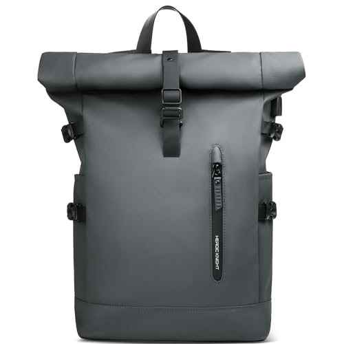 hk Rolltop Rucksack Groß 23 L Wasserdichte Laptop Rucksack Herren Damen 15,6 Zoll mit USB-Anschluss Schulrucksack Leicht Fahrradrucksack Anti-Diebstahl Reiserucksack für Business Uni Freizeit - Grau von hk