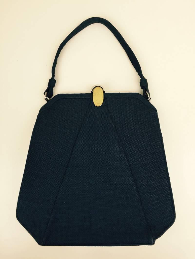Vintage Marineblaue Stoff-Deko Stil Handtasche Mit Gestreiftem Innenfutter 40Er Jahre von hkvintage