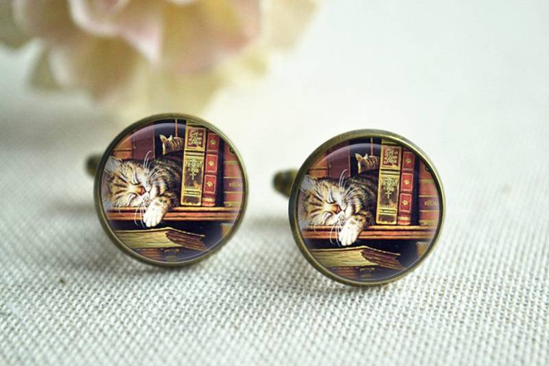 Altes Bücherregal Manschettenknöpfe Krawattenklammer Set, Katzen Männer Manschettenknöpfe, Bibliothekar Krawatten Schmuck, Geschenk Für Männer von hmpisces