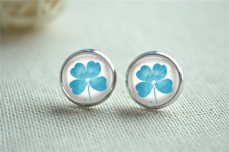 Klee Ohrringe, Lucky Clover Bild Pflanze Ohrstecker, Blaue Post Glaskuppel Schmuck, Cabochon Geschenk | Eh218 von hmpisces
