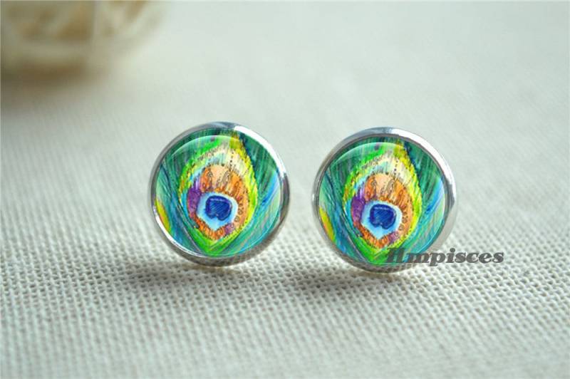 Pfau Ohrringe, Ohrstecker, Feder Bild Grüne Post Mode-Ohrschmuck, Geschenk Für Sie | Eh256 von hmpisces