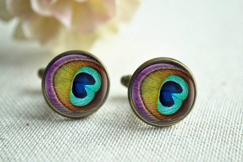 Pfauenfeder Manschettenknöpfe, Pfau Krawattenklammer, Männer Manschettenknöpfe, Geschenk Für Männer, Hochzeit Manschettenknöpfe Bildschmuck | xk042 von hmpisces