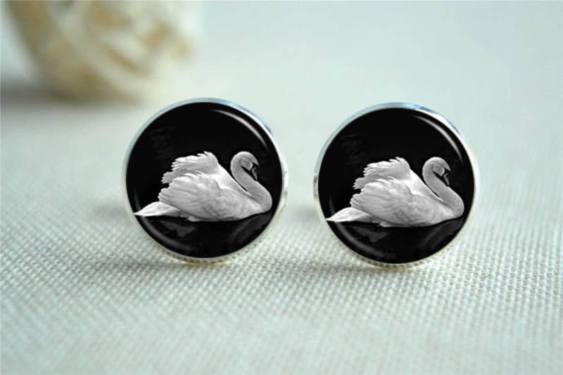 Schwan Manschettenknöpfe, Weiß Schwanensee, Ballett Tänzer Manschettenknöpfe Krawatte Clip, Schwarz Und Silhouette Benutzerdefinierte von hmpisces