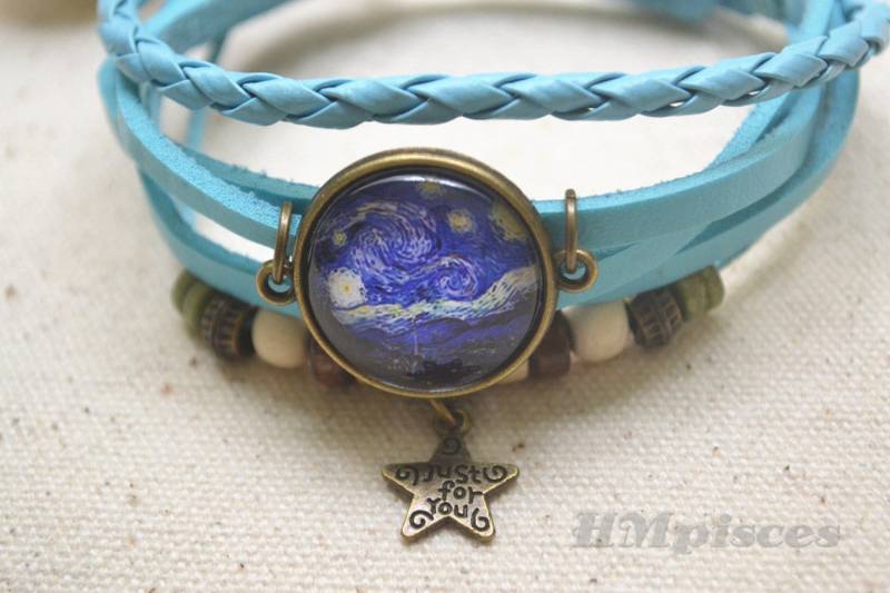 Sternenhimmel Armband, Van Gogh Kunst, Stern Bettelarmband, Statement Armband, Lederband Armband, Glaskuppel Bild Schmuck(Sl080 von hmpisces