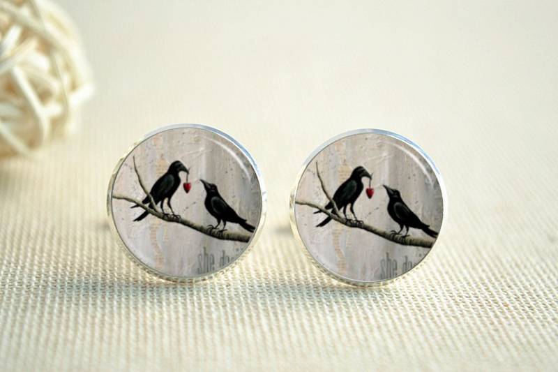 Vogel, Manschettenknöpfe, Liebesvögel Auf Ast Liebe Herzen, Vögel Traverse, Herren Hochzeit Personalisierte Bild Manschettenknöpfe | xk188 von hmpisces