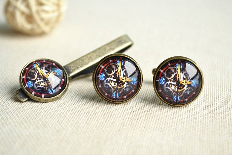 steampunk Uhr Zifferblatt Bild Manschettenknöpfe Krawattenklammer Glaskuppel Herren Accessoire Hochzeit Bräutigam Geschenk | xk029 von hmpisces