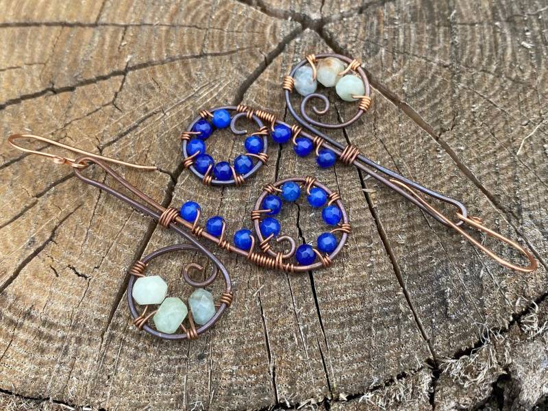 Saphir Und Aquamarin Edelstein Kupfer Draht Ohrringe, Handgemachte Oxidierte Ohrringe Saphir Und Aquamarin Edelstein Kupfer Draht Ohrringe, Handgemachte Oxidierte Ohrringe von hmrindewitt