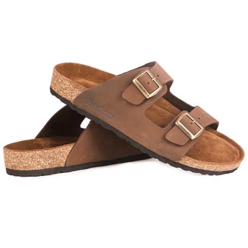hodalump Sandalen Herren – Hausschuhe/Patschen mit ergonomischer Korksohle – Pantoffeln Rutschfest & bequem, Hauspantoffeln (Braun, EU Schuhgrößensystem, Erwachsene, Numerisch, M, 43) von hodalump