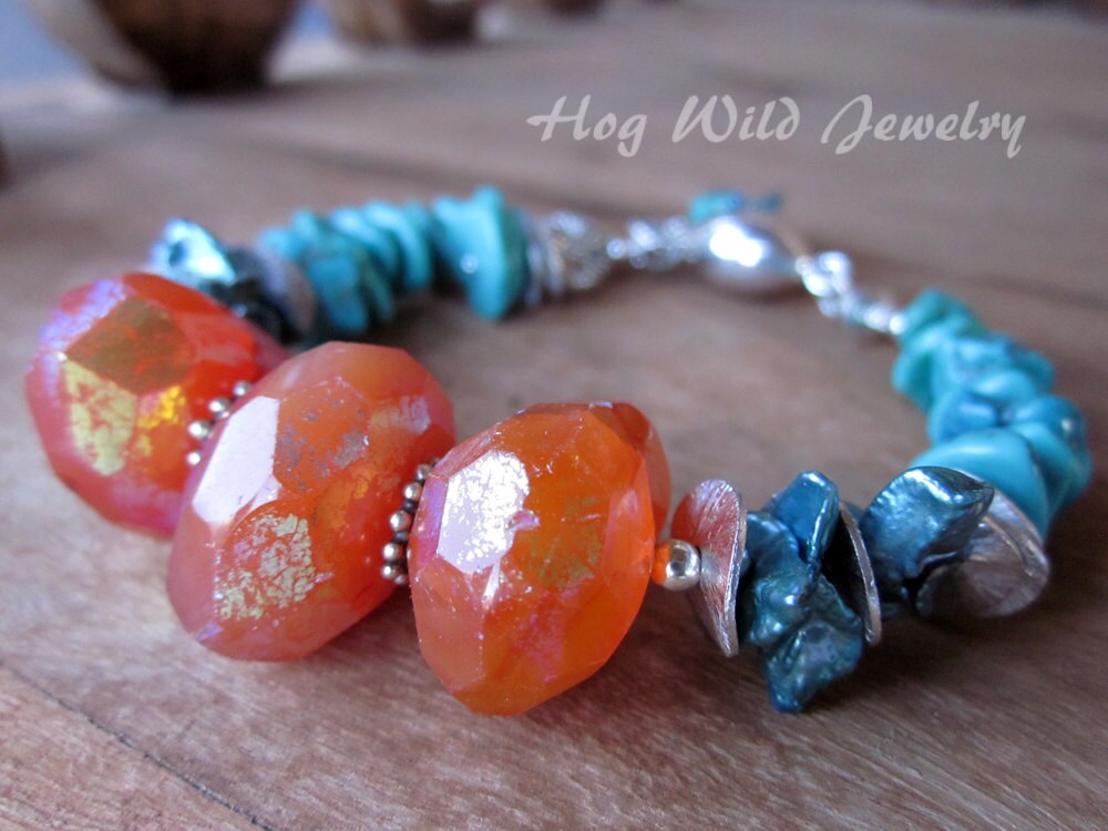 Chunky Karneol Türkis Und Keishi Perlen-Armband, Edelstein-Armbänder, Damen Edelstein Armband, Ungewöhnliche Schmuck von hogwildjewelry