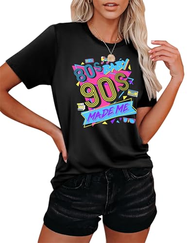 80s Baby 90s Made Me Shirt Damen Vintage Batik 90er Jahre Shirts Lässiges Retro 80er Jahre Nostalgie Shirt Oberteile (Schwarz-b,XL) von hohololo