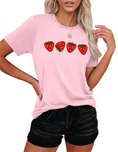 Damen Erdbeer T-Shirts Obst Shirts Erdbeeren Grafik-Tshirt Gartenbekleidung Gärtner Geschenk Oberteile… (Rosa-a,XXL) von hohololo