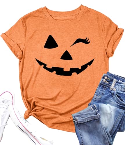 Damen Halloween KüRbisgesicht T-Shirt Frauen KüRbis Shirt Herbst Karneval Shirts von hohololo