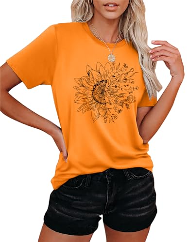 Damen Sonnenblume T-Shirt Frauen Tshirt mit Sonnenblumen-Motiv Sommer Kurzarm Shirt für Frau...… von hohololo