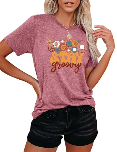 Damen T-Shirt Mit Blumendesign Hippie 60er 70er Jahre T-Shirt Sommer T-Shirt Tops Stay Groovy Shirt von hohololo