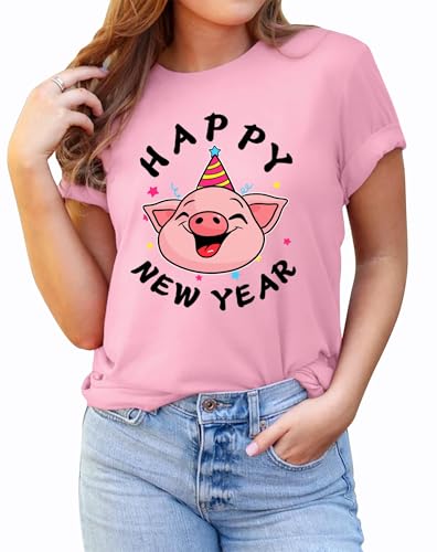 Glücksschwein T-Shirt Damen Silvester Neujahr Glücksbringer Shirt Happy New Year Obertei (Rosa1,S) von hohololo