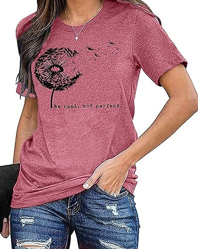 Pusteblume Shirt für Damen Blume Muster T-Shirt 'be real, not Perfect' Casual Shirts von hohololo