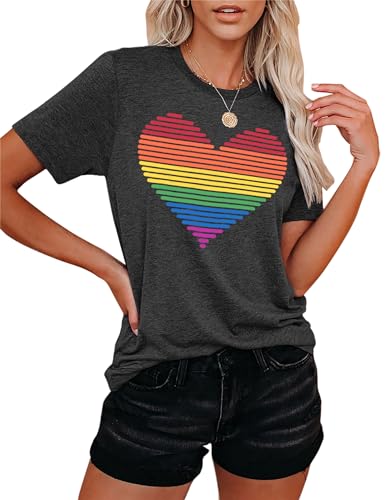 LGBT Pride Shirts Damen Regenbogen-Herzen-Muster Tshirts Lässige Queer Kurzarm T-Shirts von hohololo