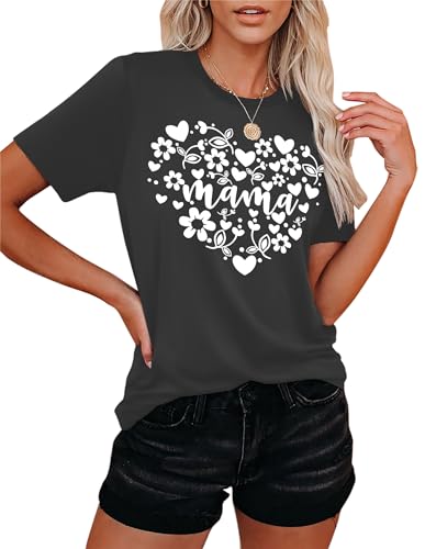 Mama Tshirt Damen T-Shirts Mit Niedlichem Mama-Druck Frauen Mutti Herz Kleidung Oberteil von hohololo