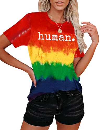 Pride T-Shirts für Damen LGBT Human Letter Print Shirts LGBTQ Gleichheit Tshirt Regenbogen Grafik Kurzarm… von hohololo