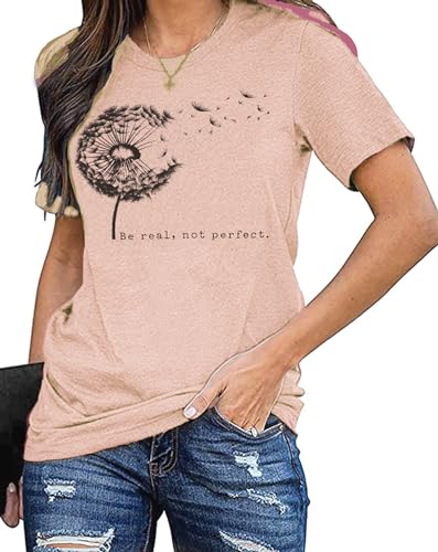 Pusteblume Shirt für Damen Blume Muster T-Shirt 'be real, not Perfect' Casual Shirts von hohololo