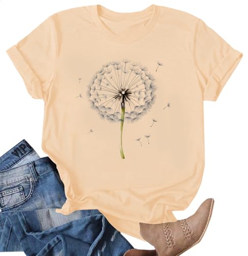Pusteblume Shirts für Damen T-Shirt Mit Dandelion-Motiv Frauen Sommer Blume Muster Freizeit Kurzarm,Cremefarben-A,XL Pusteblume Shirts für Damen T-Shirt Mit Dandelion-Motiv Frauen Sommer Blume Muster Freizeit Kurzarm,Cremefarben-A,XL von hohololo