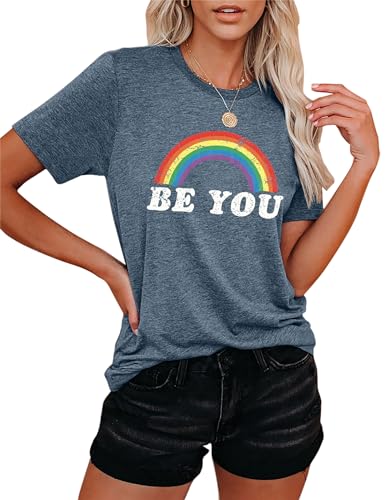 Regenbogen Shirts Damen Pride Tshirt Regenbogen Grafik T-Shirts Be You Tshirt LGBT Oberteildamen Lässig Queer Kurzarm von hohololo