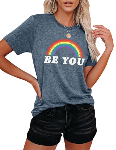 hohololo Regenbogen Shirts Damen Pride Tshirt Regenbogen Grafik T-Shirts Be You Tshirt (Blau-b,S) von hohololo