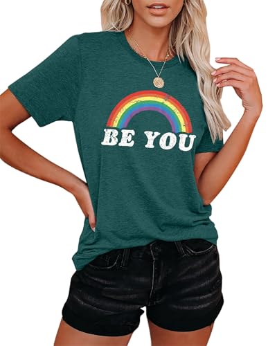 hohololo Regenbogen Shirts Damen Pride Tshirt Regenbogen Grafik T-Shirts Be You Tshirt (Grün-a,L) von hohololo