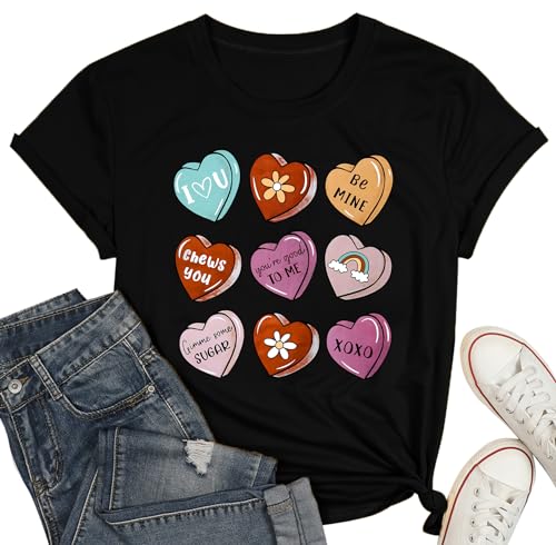 T-Shirt mit Herzmotiv, für Damen, Schokoladenherz, Valentinstags-T-Shirt, süßes Liebesherz, Schwarz A, X-Large von hohololo