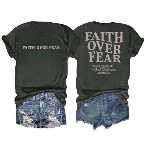 hohololo Damen Christliche T-Shirt Faith Over Fear Tshirts Christ Basic Shirts (Grau-a,S) von hohololo