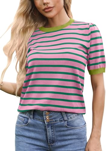 hohololo Damen Gestreiftes Leichter Pullover Frauen Herbst Und Winter Gestreift Strickpullover (Rosa-a,L) von hohololo