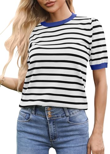 hohololo Damen Gestreiftes Leichter Pullover Frauen Herbst Und Winter Gestreift Strickpullover (Schwarzweiß-a,M) von hohololo