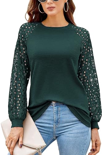 hohololo Damen Spitzen Langarm Tops Lässige Locker Geschnittene Rundhals T-Shirts Blusen von hohololo