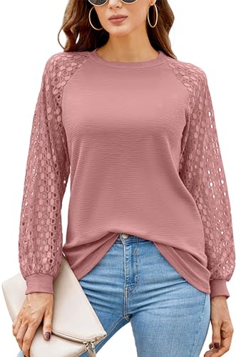 Damen Spitzen Langarm Tops Lässige Locker Geschnittene Rundhals T-Shirts Blusen von hohololo