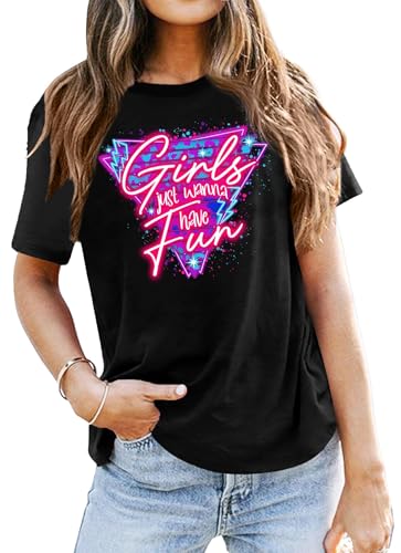 hohololo Damen Vintage 80er Jahre Tshirts LäSsiges Retro 80er Jahre Party Shirt Oberteile (80s-schwarz-c,S) von hohololo