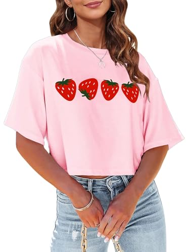 hohololo Erdbeer Crop Tops Damen Crop Top Over Size Sommer Erdbeeren Lockeres Oberteile (Rosa-a,S) von hohololo