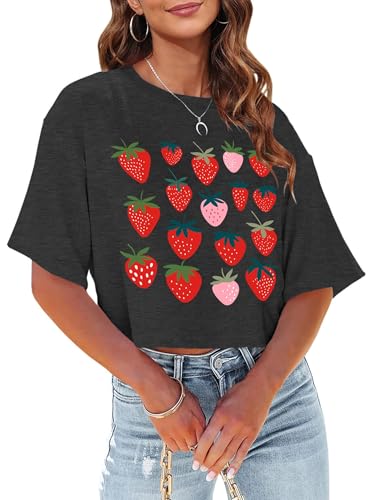 hohololo Erdbeer Crop Tops Damen Crop Top Over Size Sommer Erdbeeren Lockeres Oberteile (Grau-a,M) von hohololo